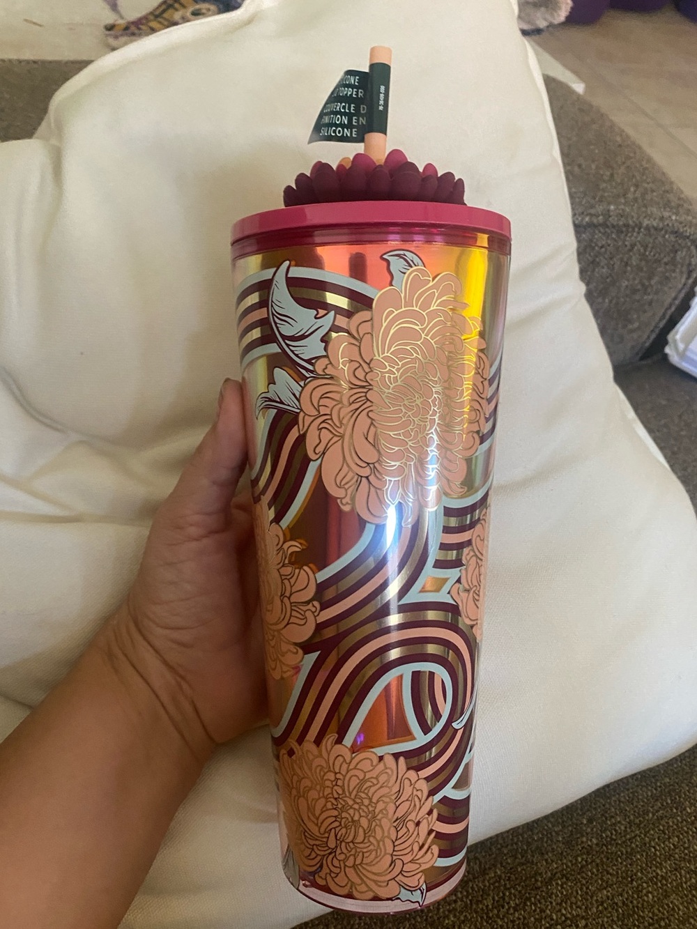 Starbucks Iridescent Pink Floral Tumbler with Flower Silicone Lid Topper